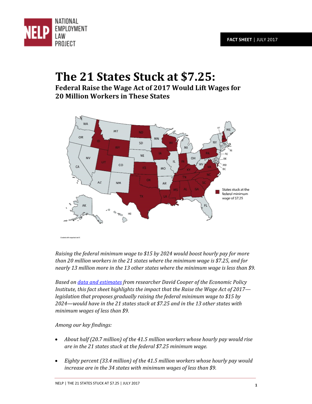 The 21 States Stuck at $7.25: Federal Raise the Wage Act of 2017 Would Lift Wages for 20 Million Workers in These States