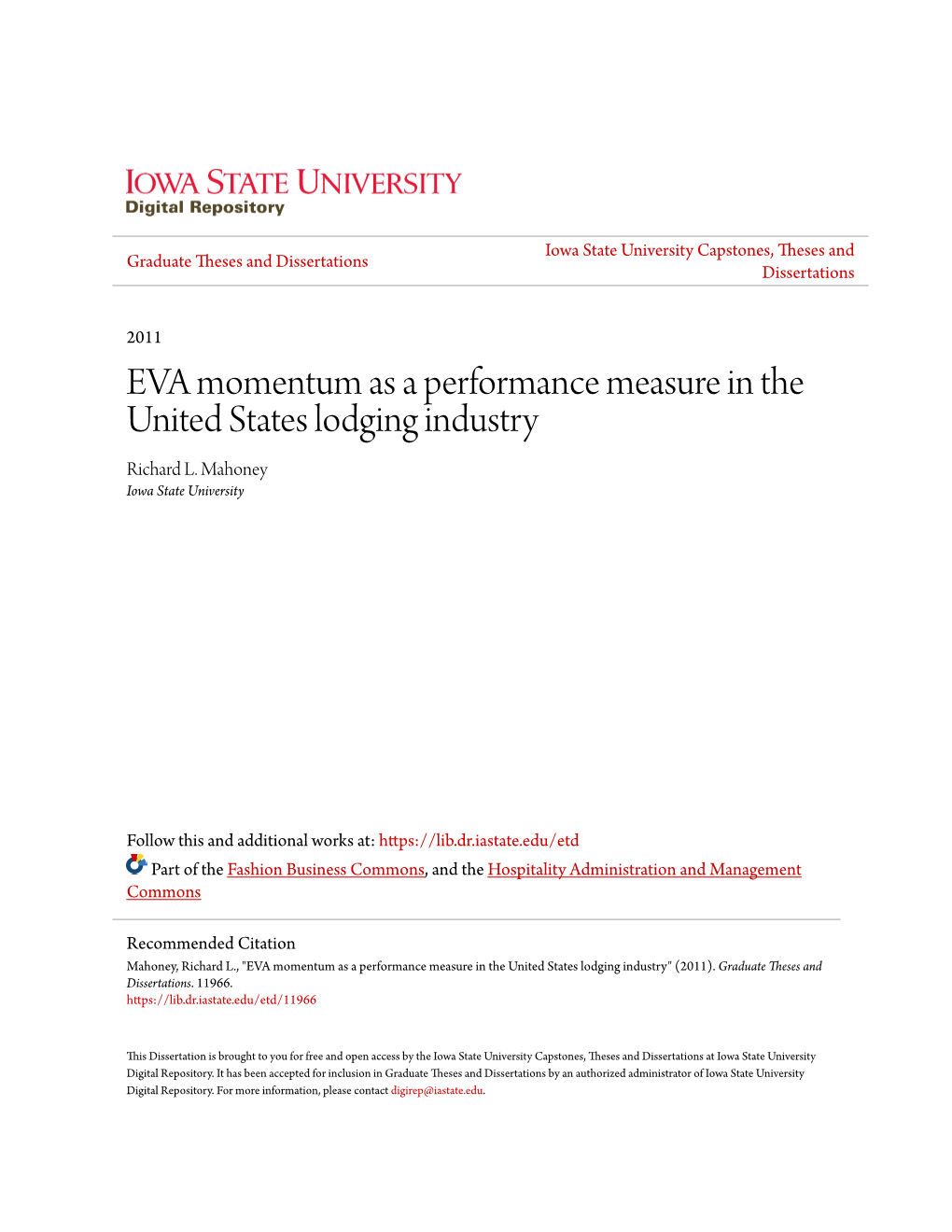 EVA Momentum As a Performance Measure in the United States Lodging Industry Richard L