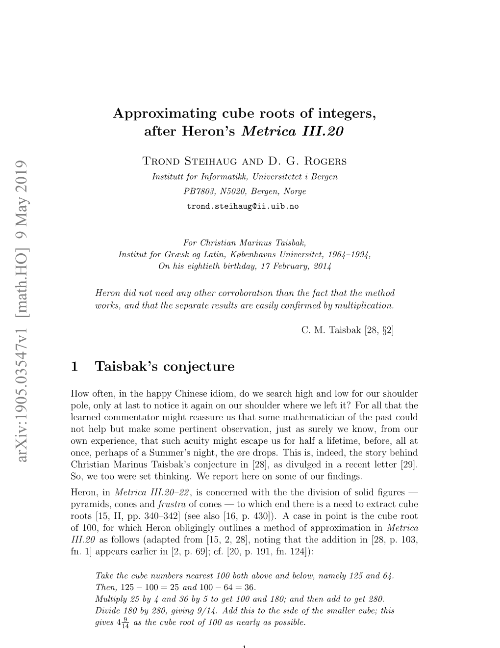 Approximating Cube Roots of Integers, After Heron's Metrica III. 20