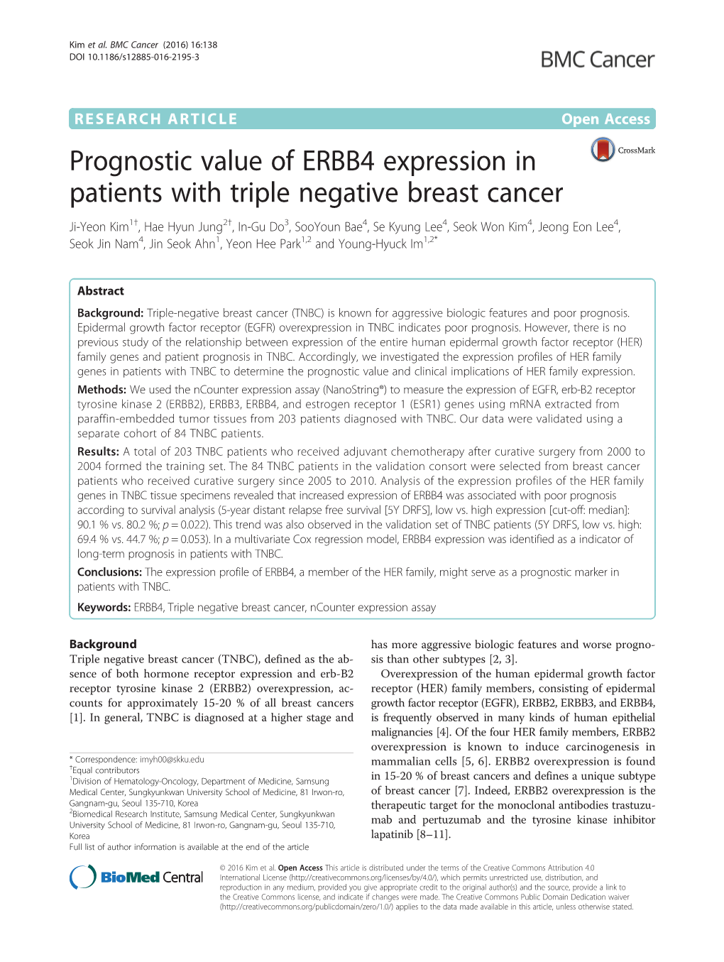 Prognostic Value of ERBB4 Expression in Patients with Triple