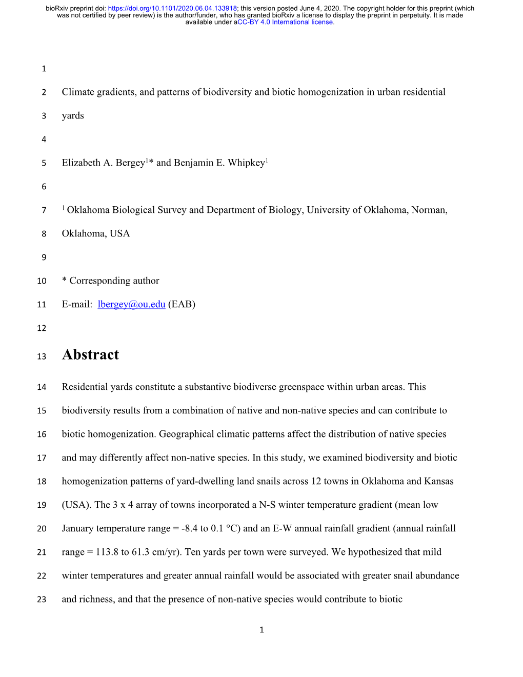 Climate Gradients, and Patterns of Biodiversity and Biotic Homogenization in Urban Residential