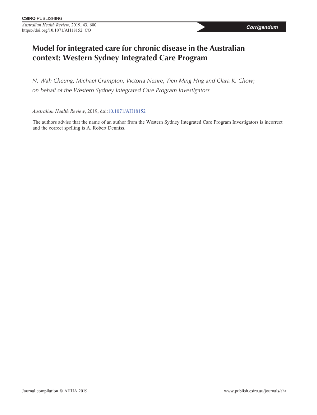 Model for Integrated Care for Chronic Disease in the Australian Context: Western Sydney Integrated Care Program