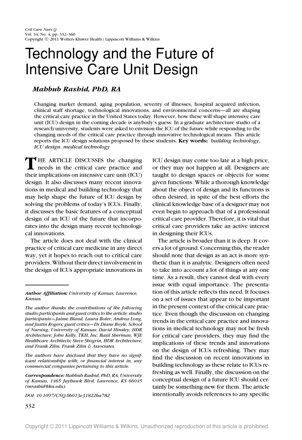 Technology and the Future of Intensive Care Unit Design