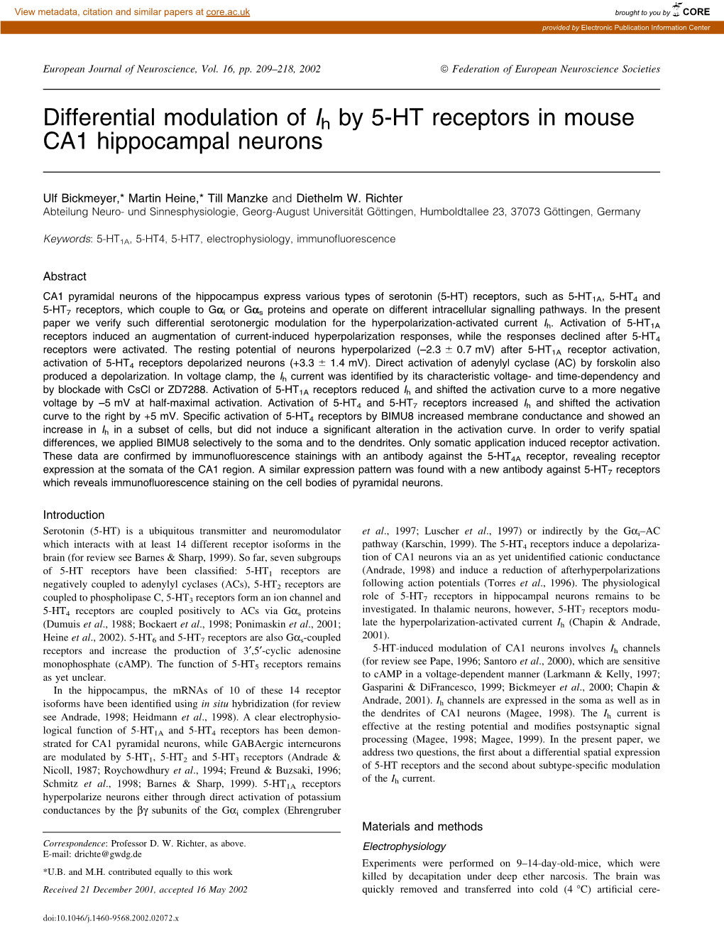 Differential Modulation of Ih by 5-HT Receptors in Mouse CA1 Hippocampal Neurons