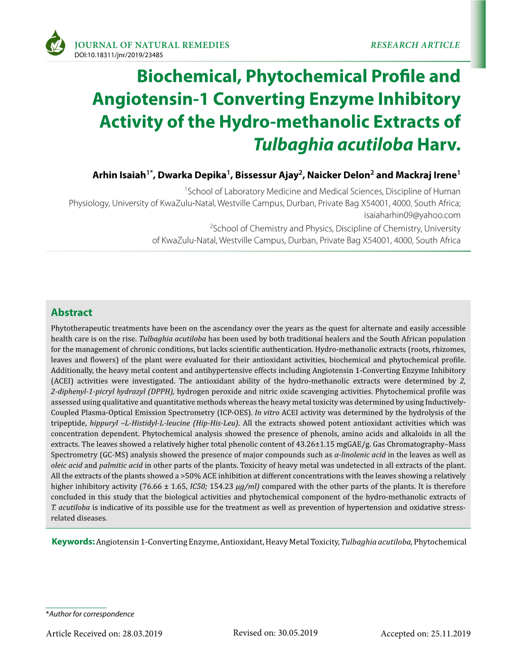 Biochemical, Phytochemical Profile and Angiotensin-1 Converting Enzyme Inhibitory Activity of the Hydro-Methanolic Extracts of Tulbaghia Acutiloba Harv