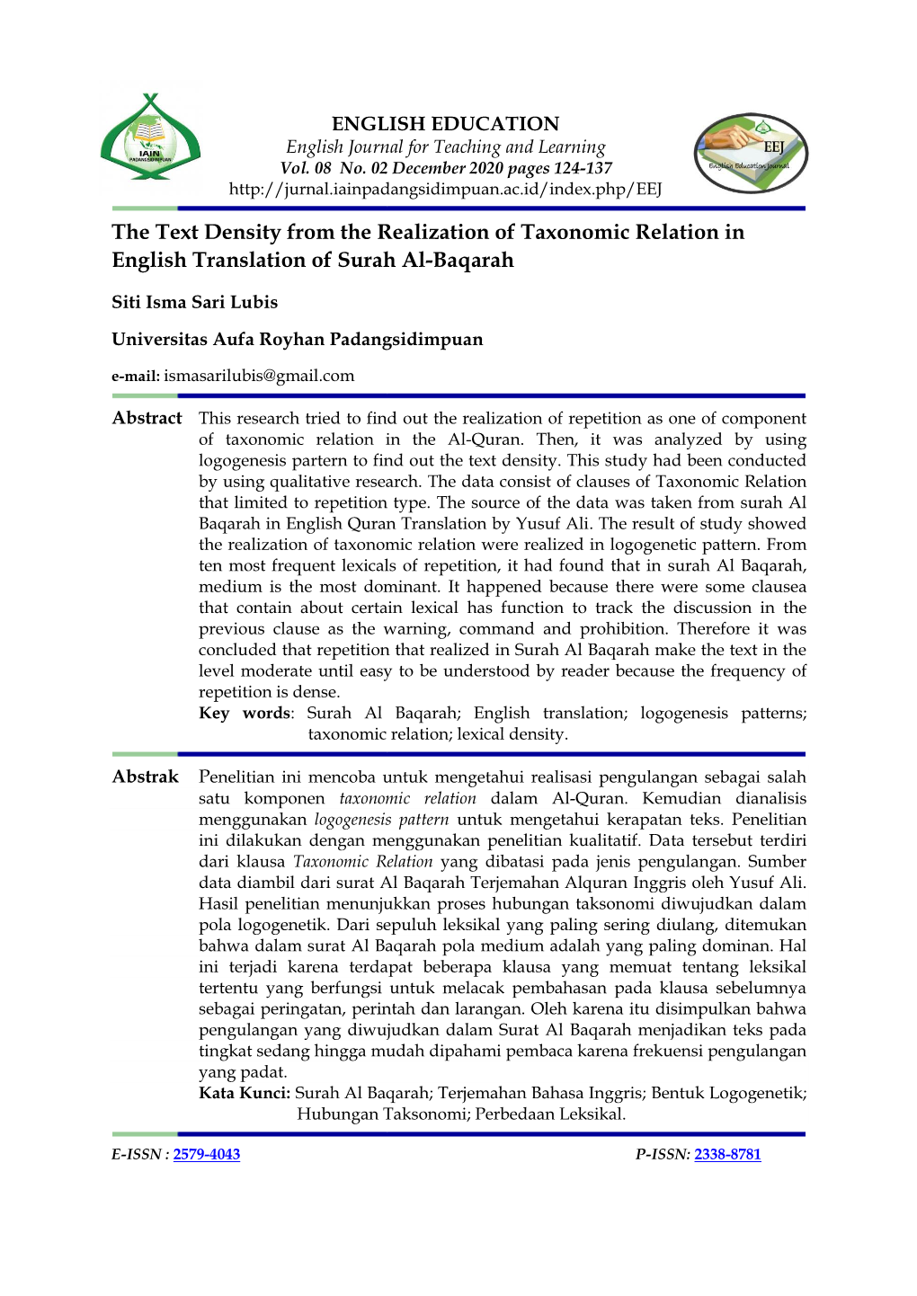 The Text Density from the Realization of Taxonomic Relation in English Translation of Surah Al-Baqarah