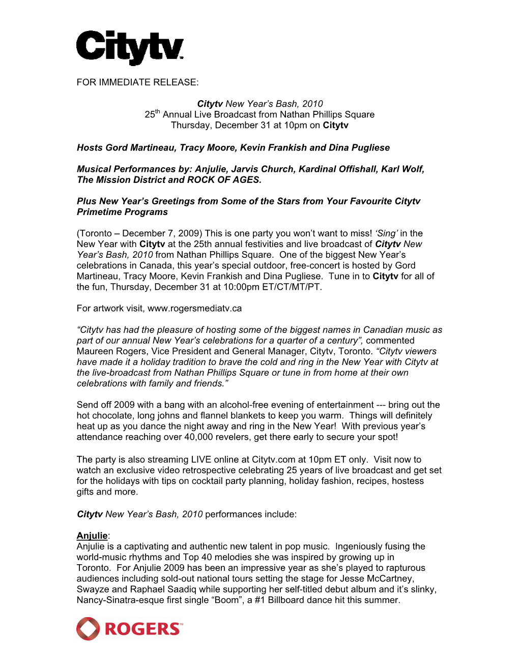 FOR IMMEDIATE RELEASE: Citytv New Year's Bash, 2010 25Th