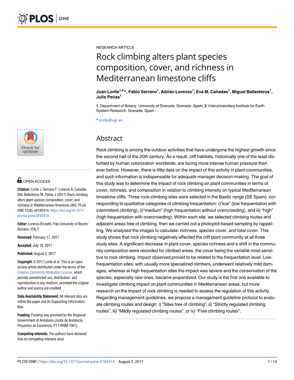 Rock Climbing Alters Plant Species Composition, Cover, and Richness in Mediterranean Limestone Cliffs
