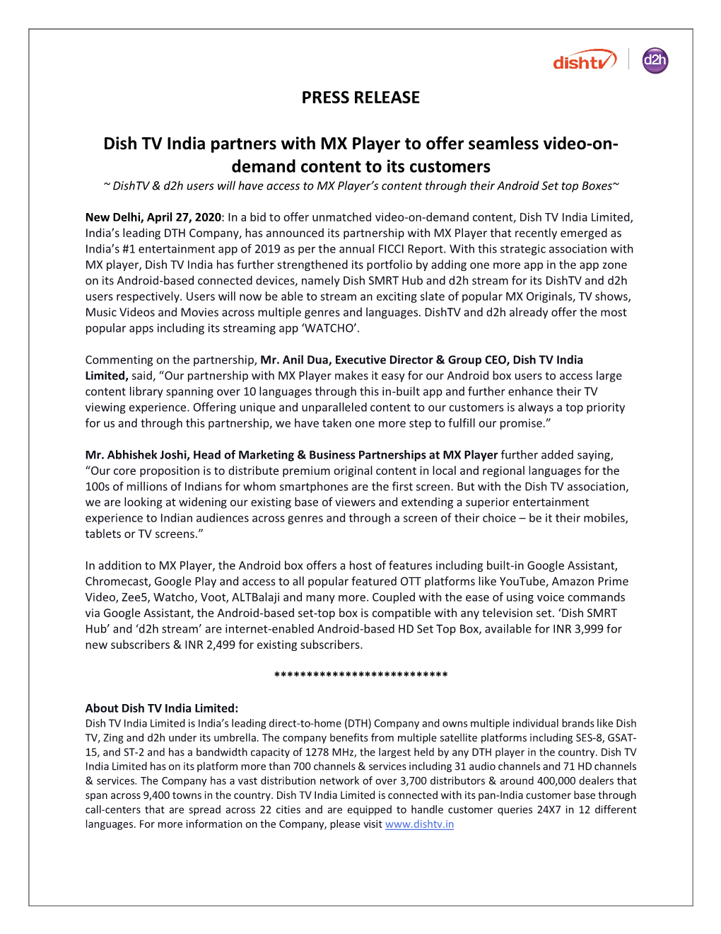 PRESS RELEASE Dish TV India Partners with MX Player to Offer Seamless Video-On- Demand Content to Its Customers