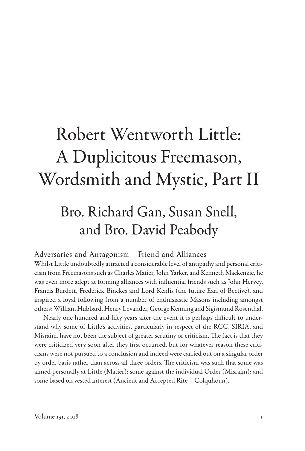 Robert Wentworth Little: a Duplicitous Freemason, Wordsmith and Mystic, Part II Bro