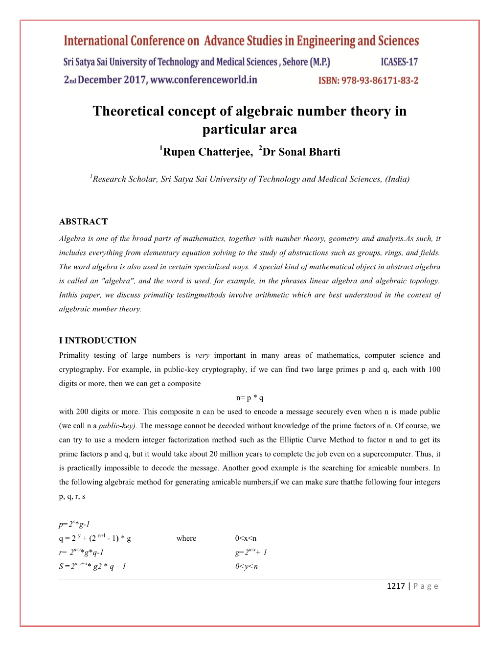 Theoretical Concept of Algebraic Number Theory in Particular Area 1Rupen Chatterjee, 2Dr Sonal Bharti