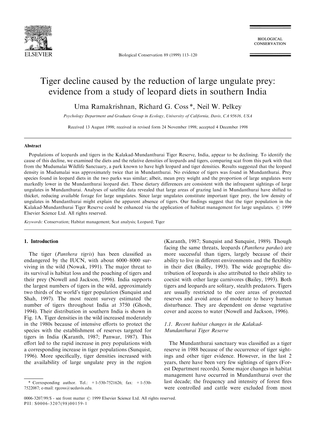Tiger Decline Caused by the Reduction of Large Ungulate Prey: Evidence from a Study of Leopard Diets in Southern India