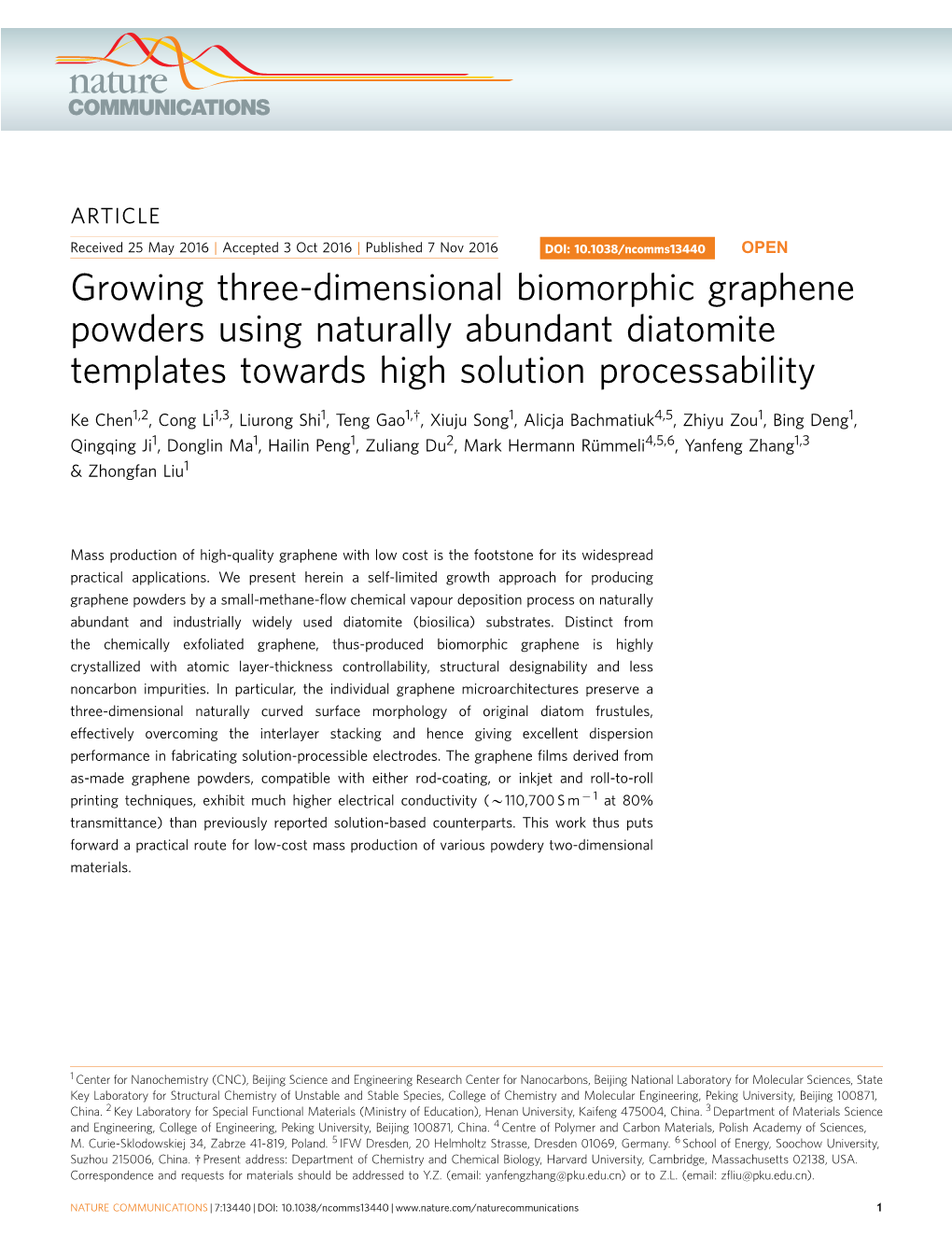 Growing Three-Dimensional Biomorphic Graphene Powders Using Naturally Abundant Diatomite Templates Towards High Solution Processability