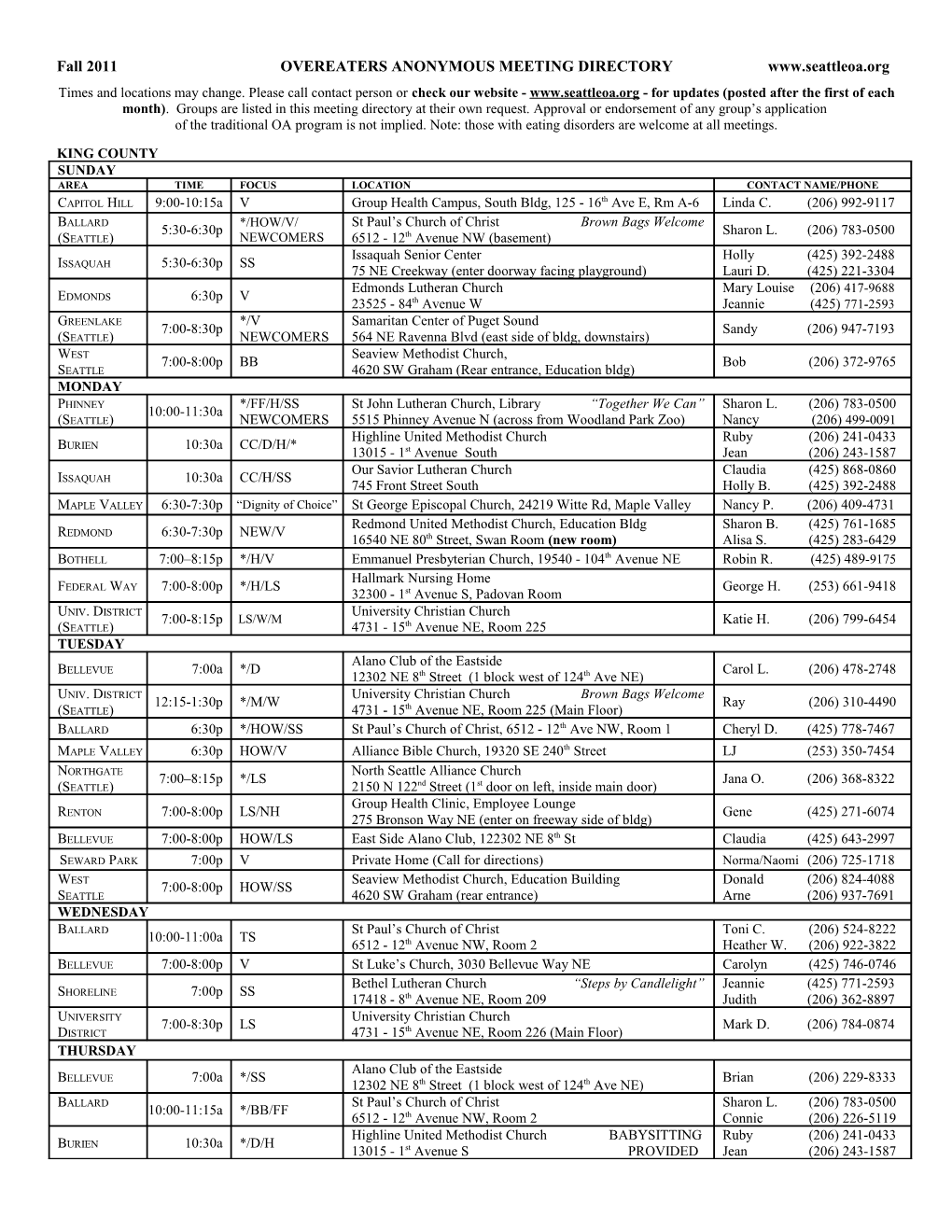 Fall 2011 OVEREATERS ANONYMOUS MEETING DIRECTORY