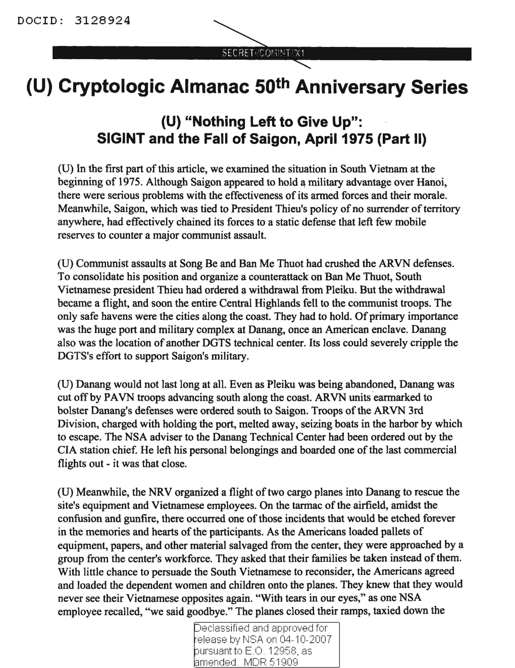 (U) Cryptologic Almanac 5Qth Anniversary Series