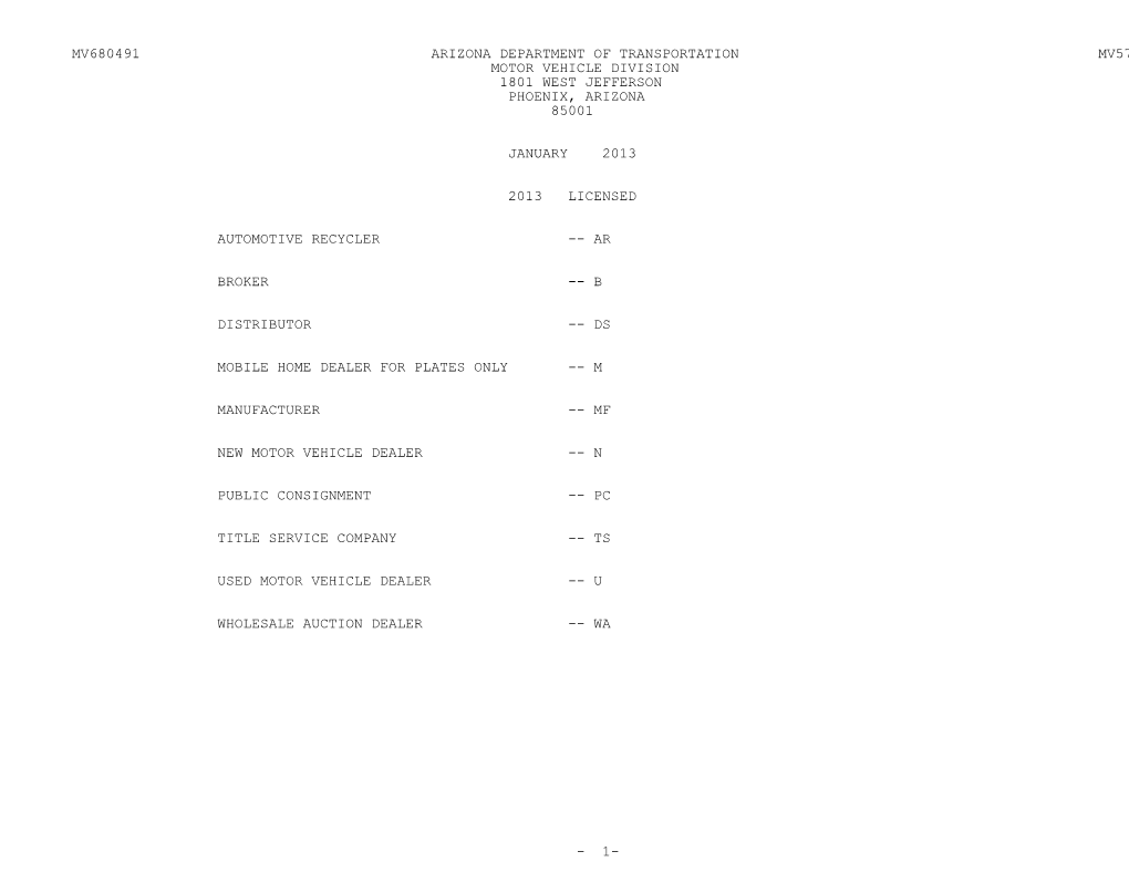 Mv680491 Arizona Department of Transportation Mv579d Motor Vehicle Division 1801 West Jefferson Phoenix, Arizona 85001 January 2