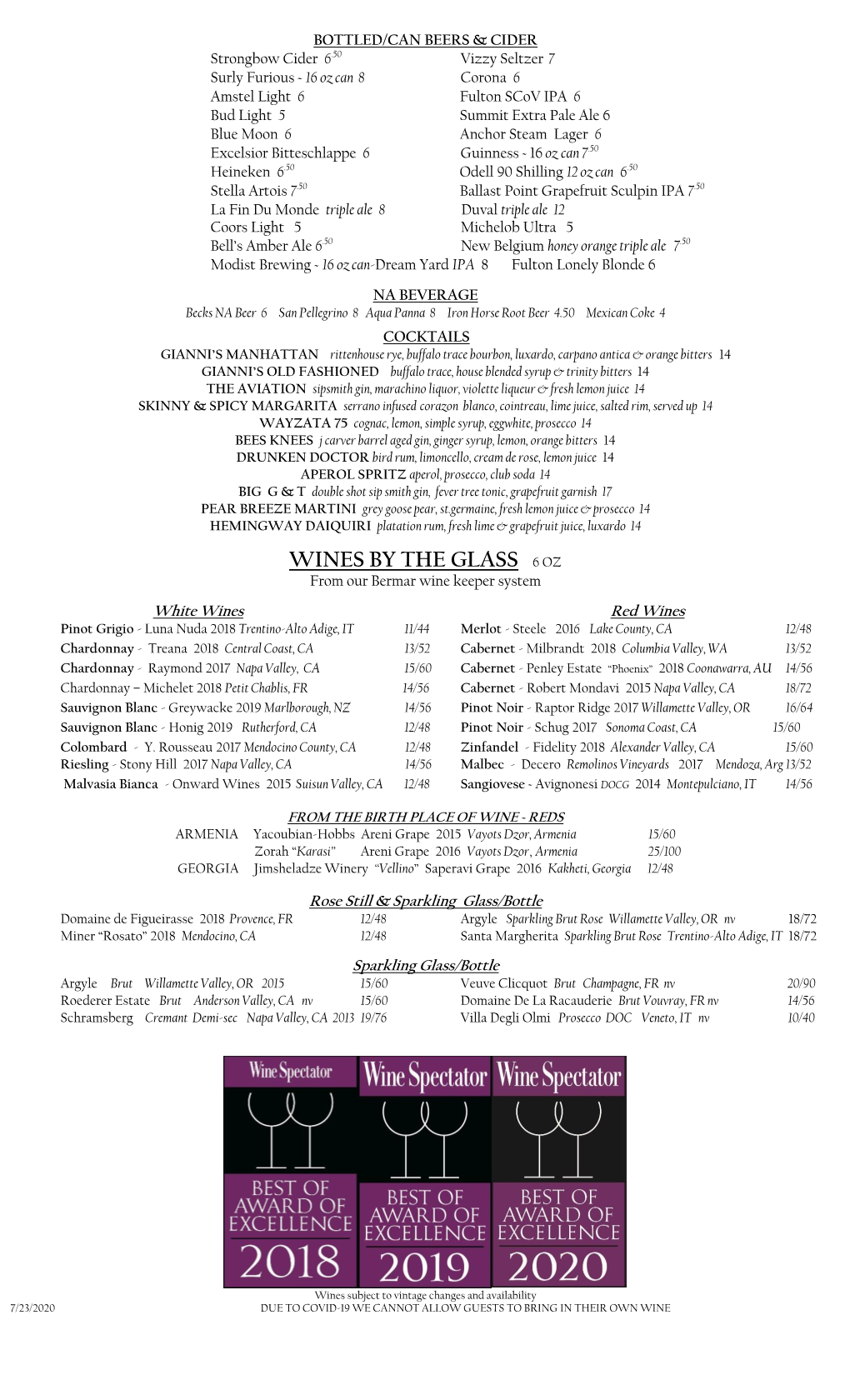 WINES by the GLASS 6 OZ from Our Bermar Wine Keeper System
