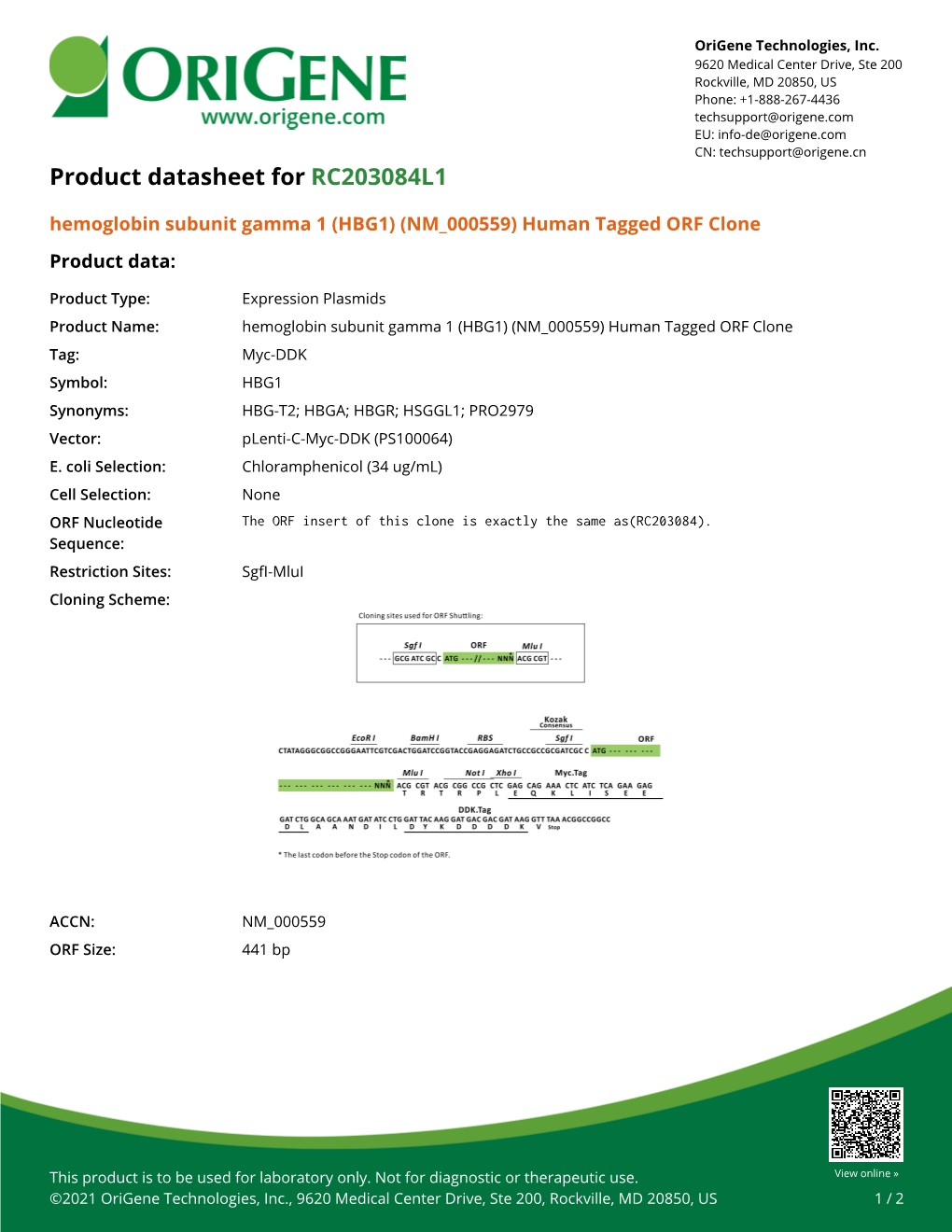 Hemoglobin Subunit Gamma 1 (HBG1) (NM 000559) Human Tagged ORF Clone Product Data