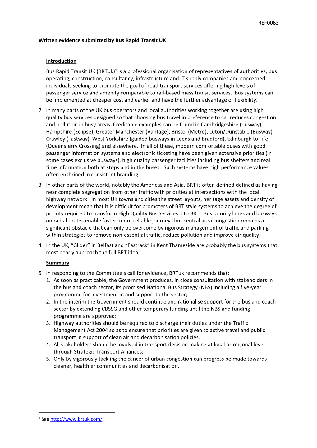 REF0063 Written Evidence Submitted by Bus Rapid Transit UK