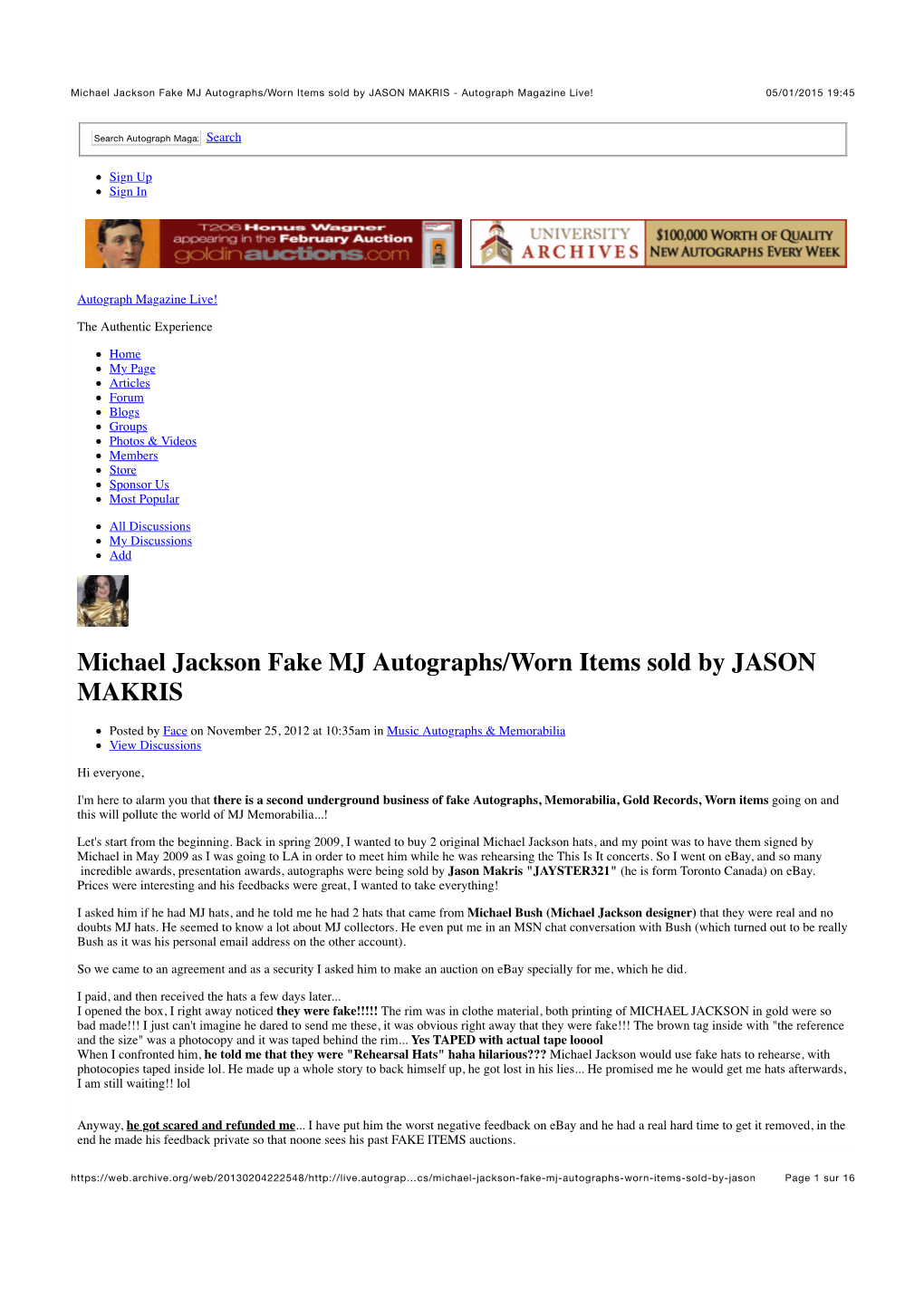 Michael Jackson Fake MJ Autographs/Worn Items Sold by JASON MAKRIS - Autograph Magazine Live! 05/01/2015 19:45
