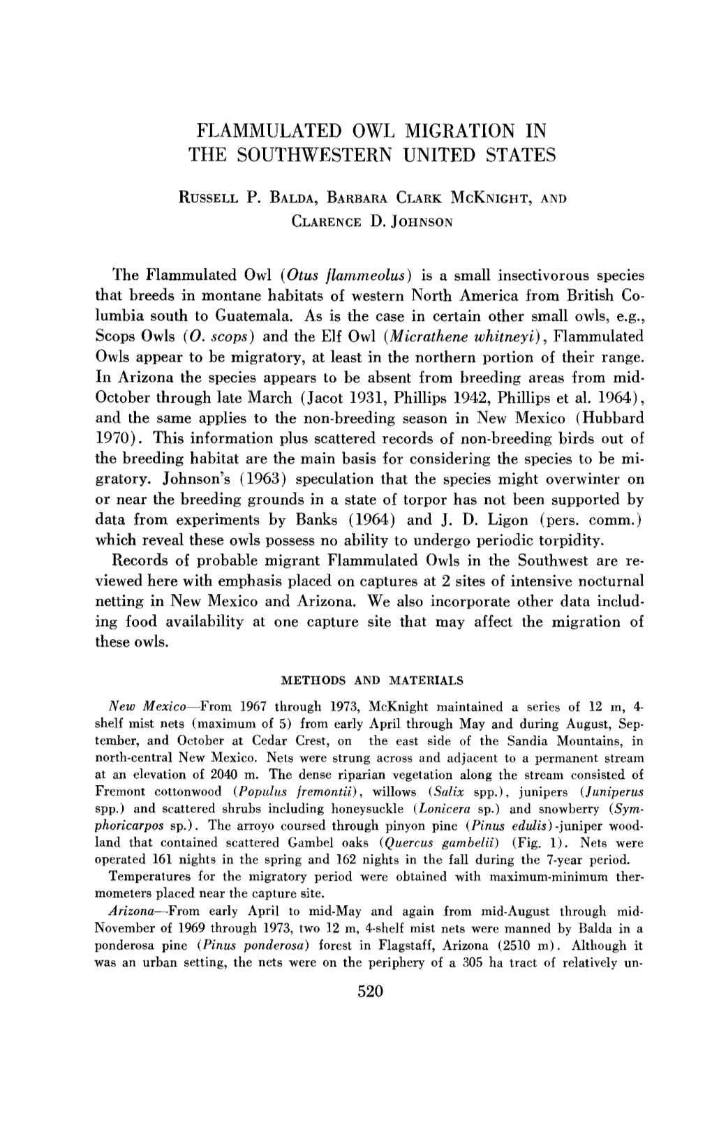 Flammulated Owl Migration in the Southwestern United States