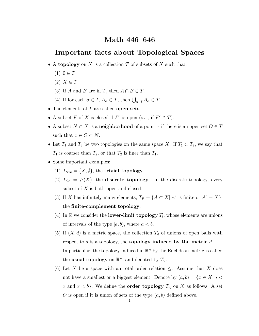 Math 446–646 Important Facts About Topological Spaces