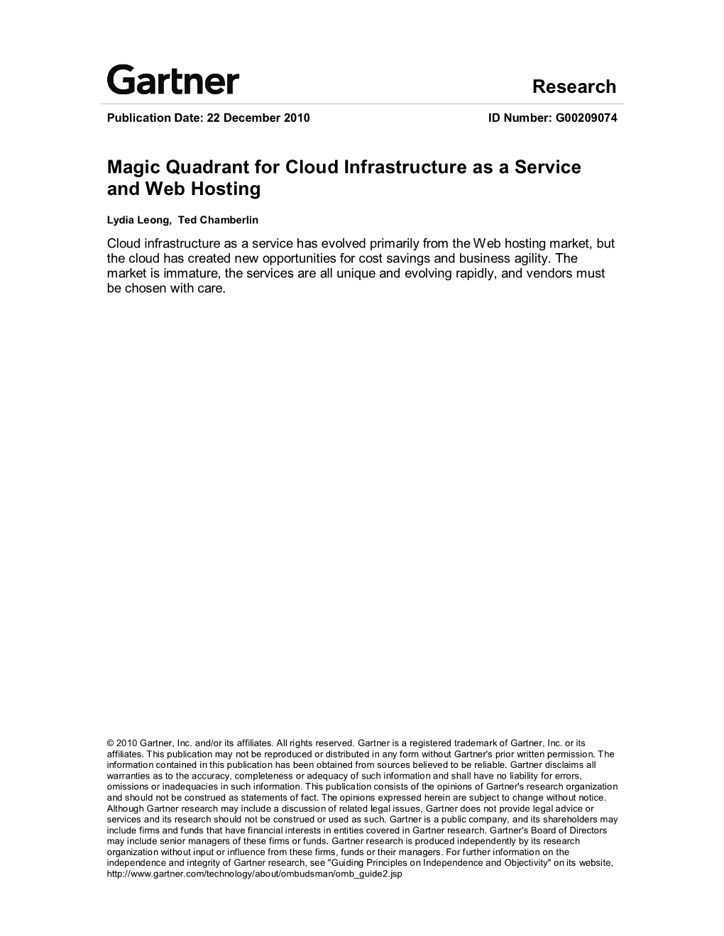 Research Magic Quadrant for Cloud Infrastructure As a Service and Web