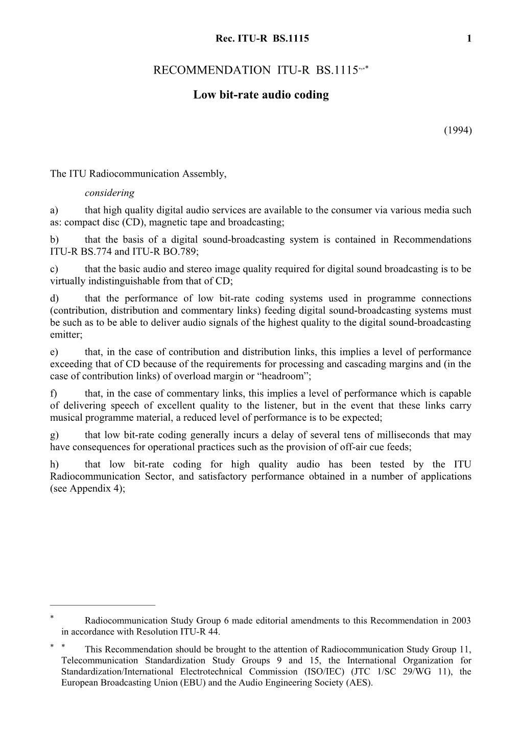 RECOMMENDATION ITU-R BS.1115 - Low Bit-Rate Audio Coding