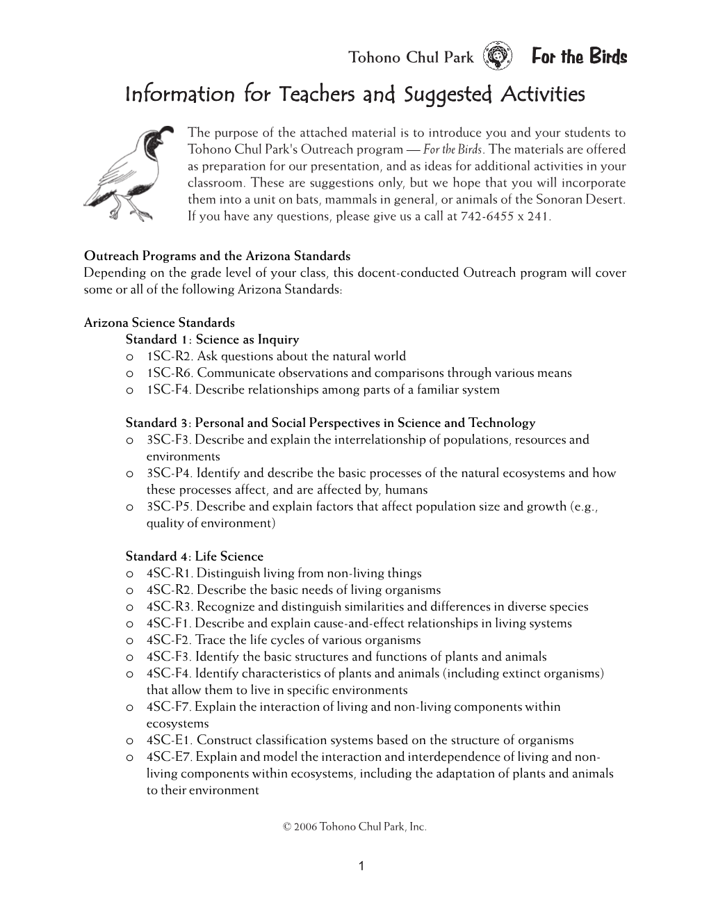 For the Birds Information for Teachers and Suggested Activities