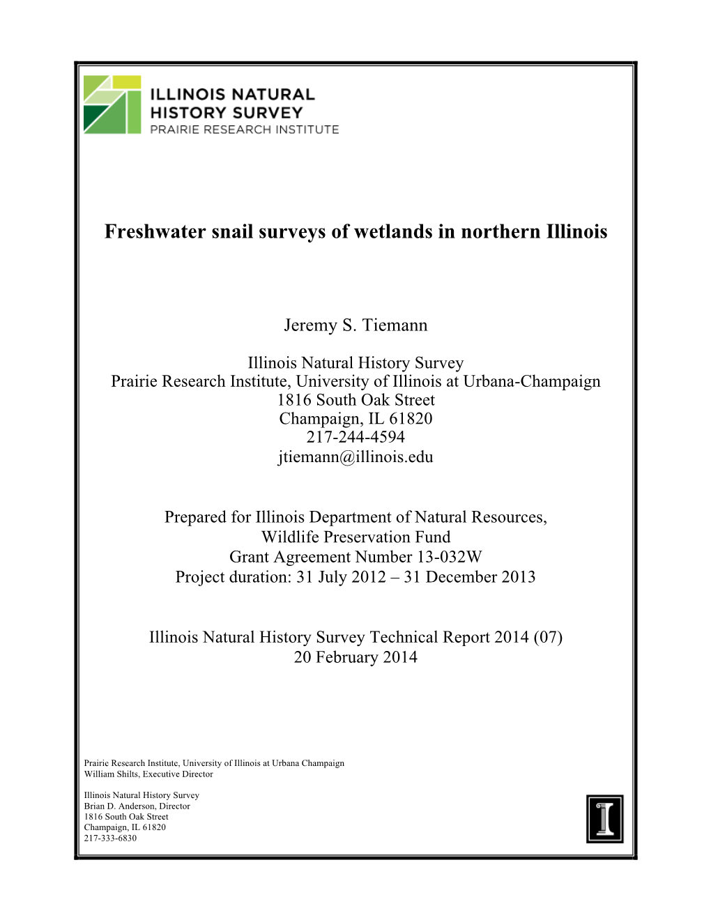 Freshwater Snail Surveys of Wetlands in Northern Illinois