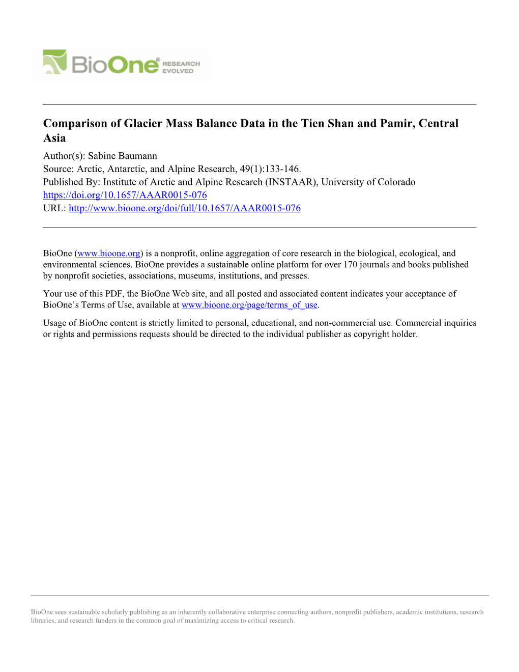 Comparison of Glacier Mass Balance Data in the Tien Shan