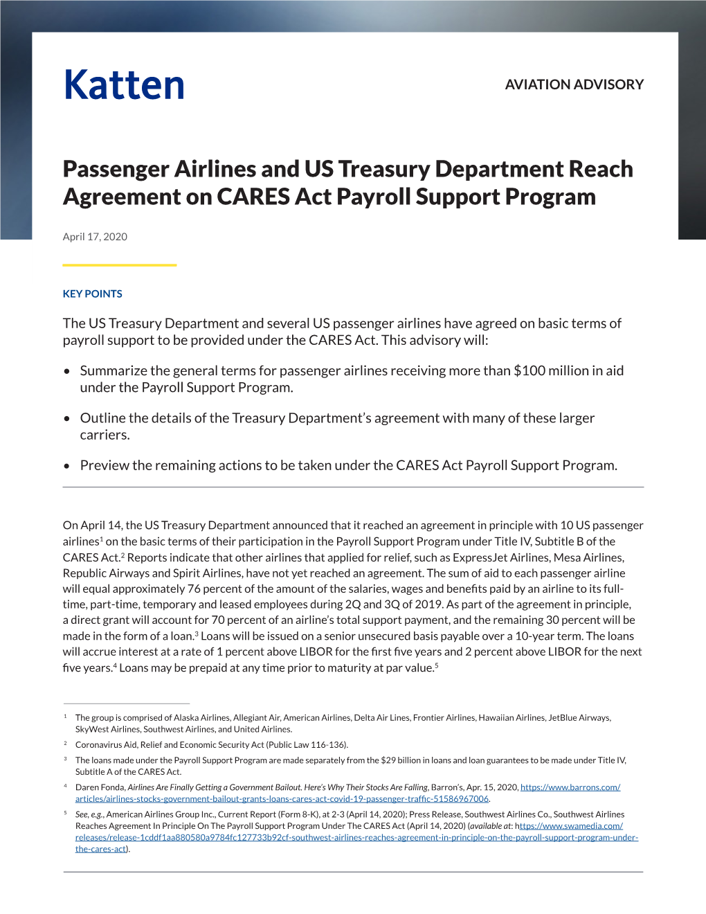 Passenger Airlines and US Treasury Department Reach Agreement on CARES Act Payroll Support Program