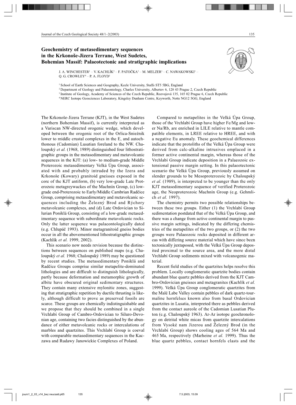 Geochemistry of Metasedimentary Sequences in the Krkonoše-Jizera