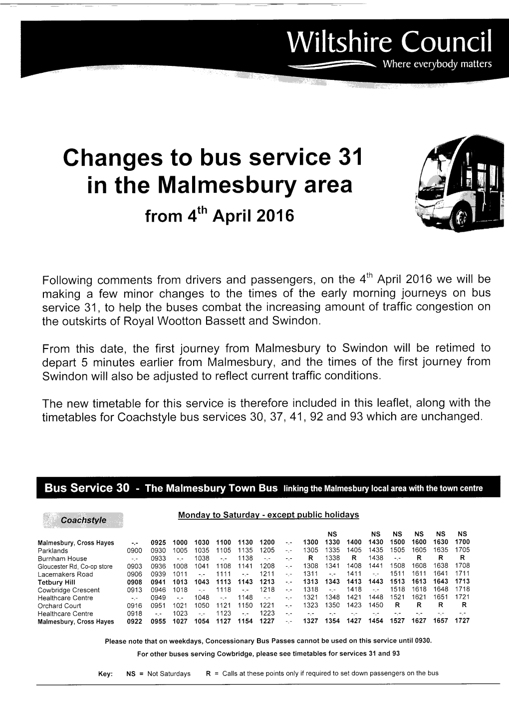 Changes to Bus Service 31 in the Malmesbury Area from 4Tn Ap Ril 2016