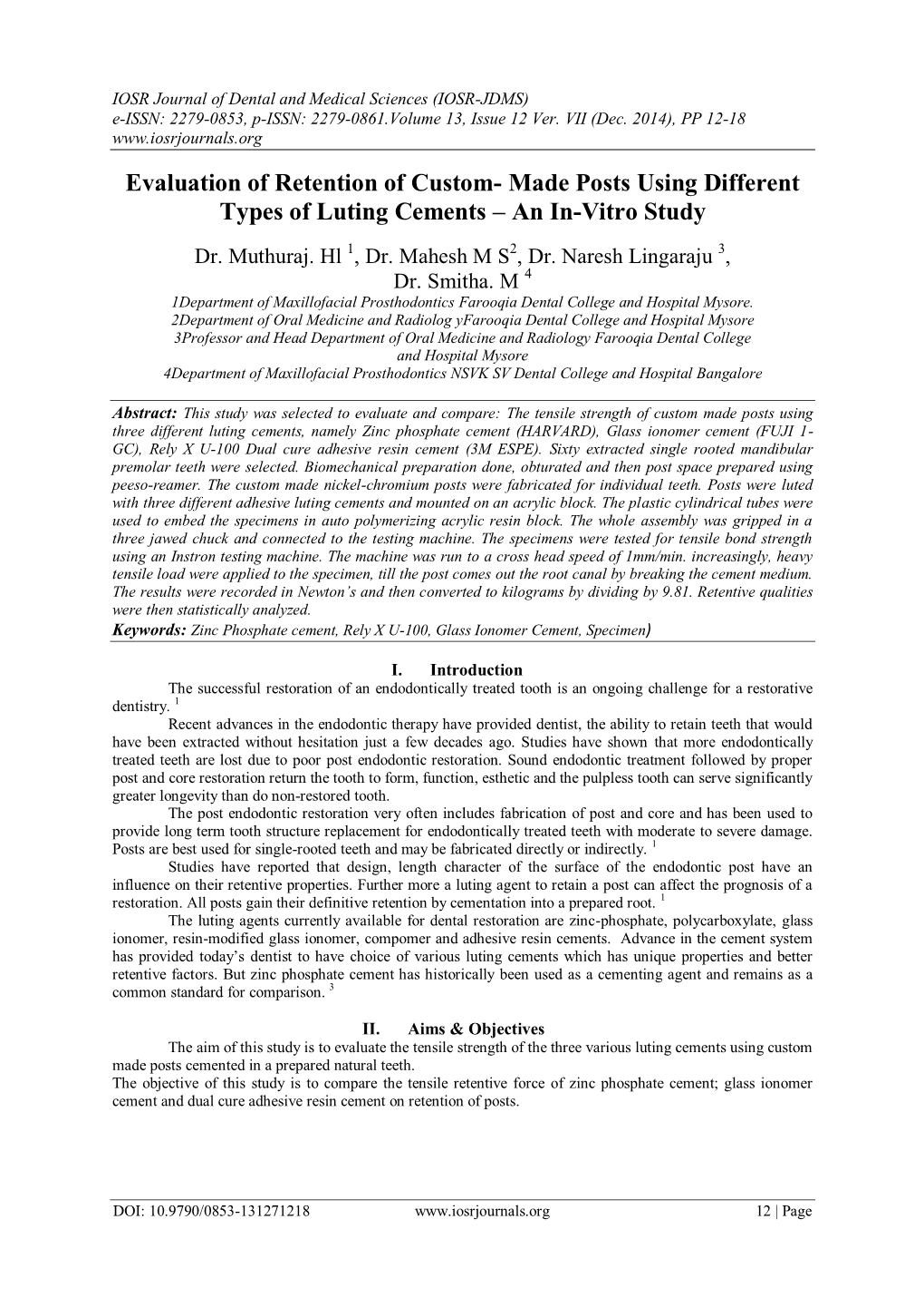 Made Posts Using Different Types of Luting Cements – an In-Vitro Study