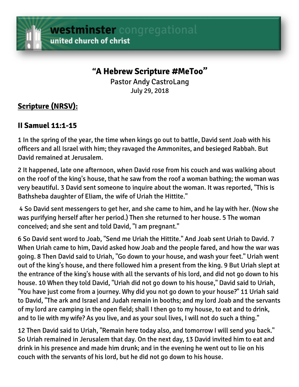 “A Hebrew Scripture #Metoo” Pastor Andy Castrolang July 29, 2018