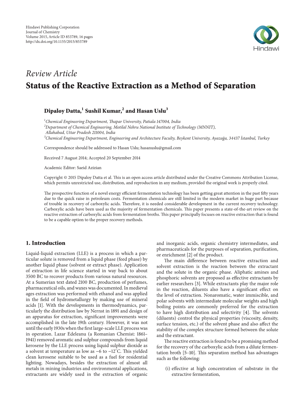 Review Article Status of the Reactive Extraction As a Method of Separation