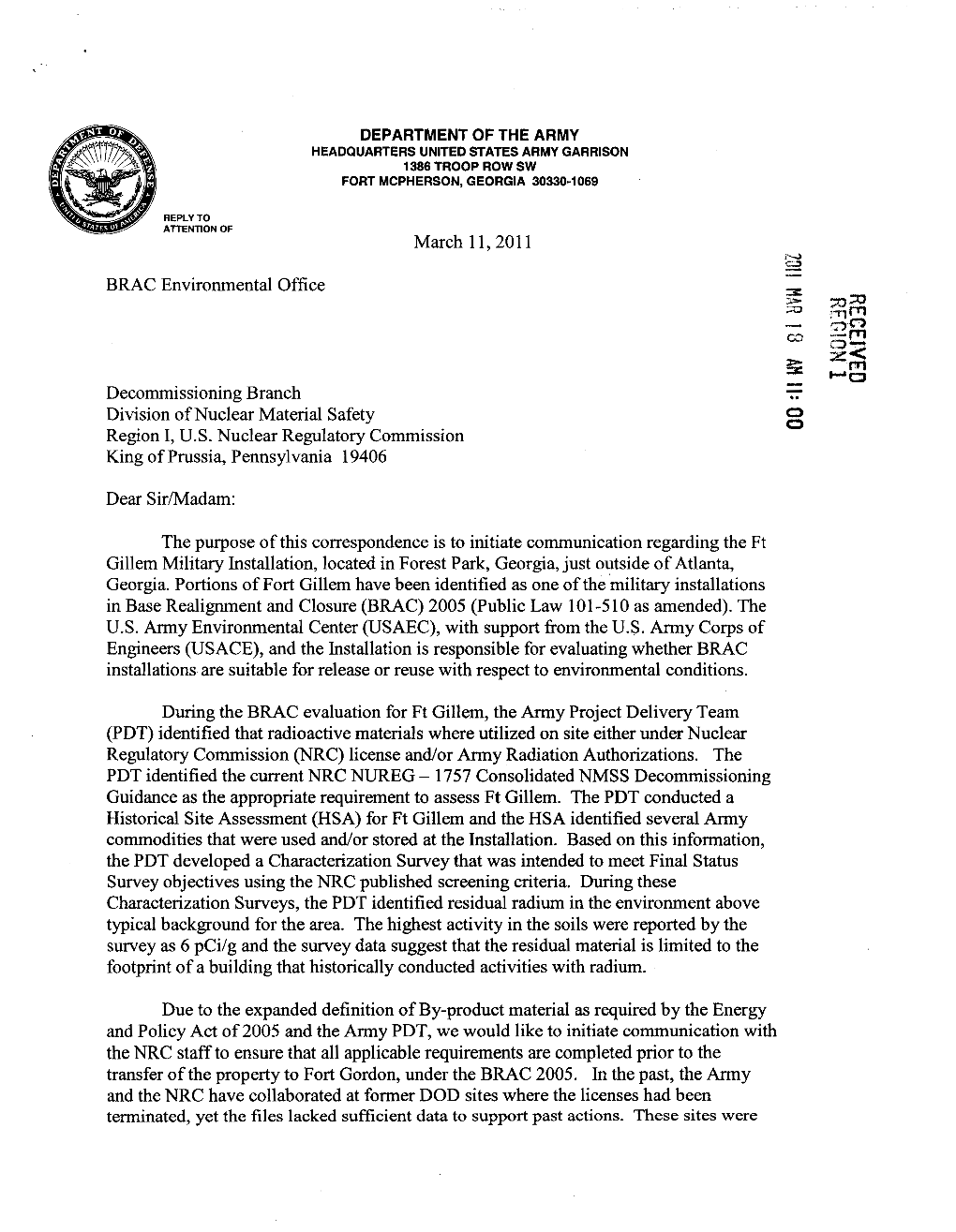 Department of the Army, Ltr Dtd 03/11/2011, RE: FT. Gillem Military Inst., Evaluation Whether BRAC Installations Are Suitable Fo