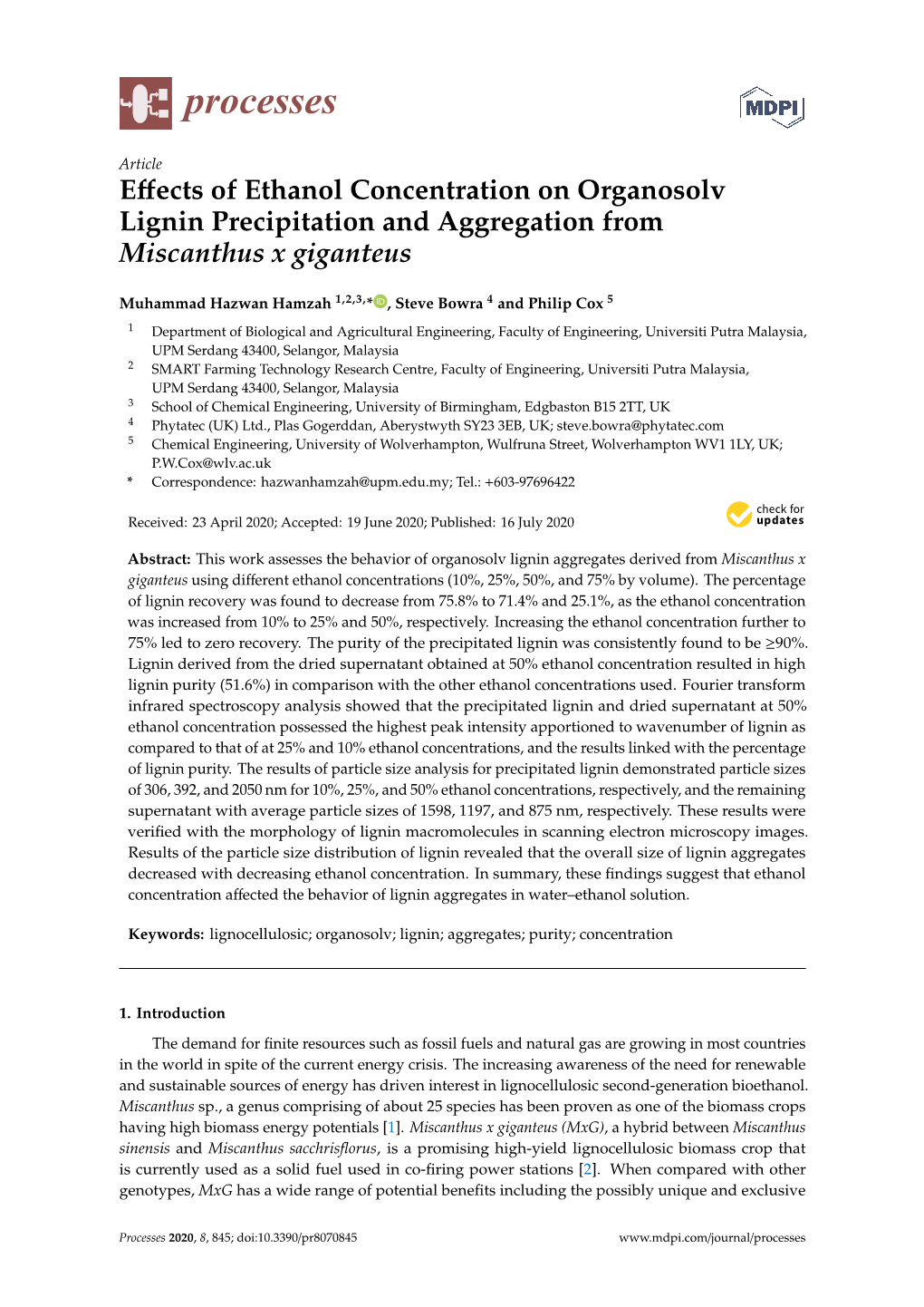 Effects of Ethanol Concentration on Organosolv Lignin Precipitation and Aggregation from Miscanthus X Giganteus