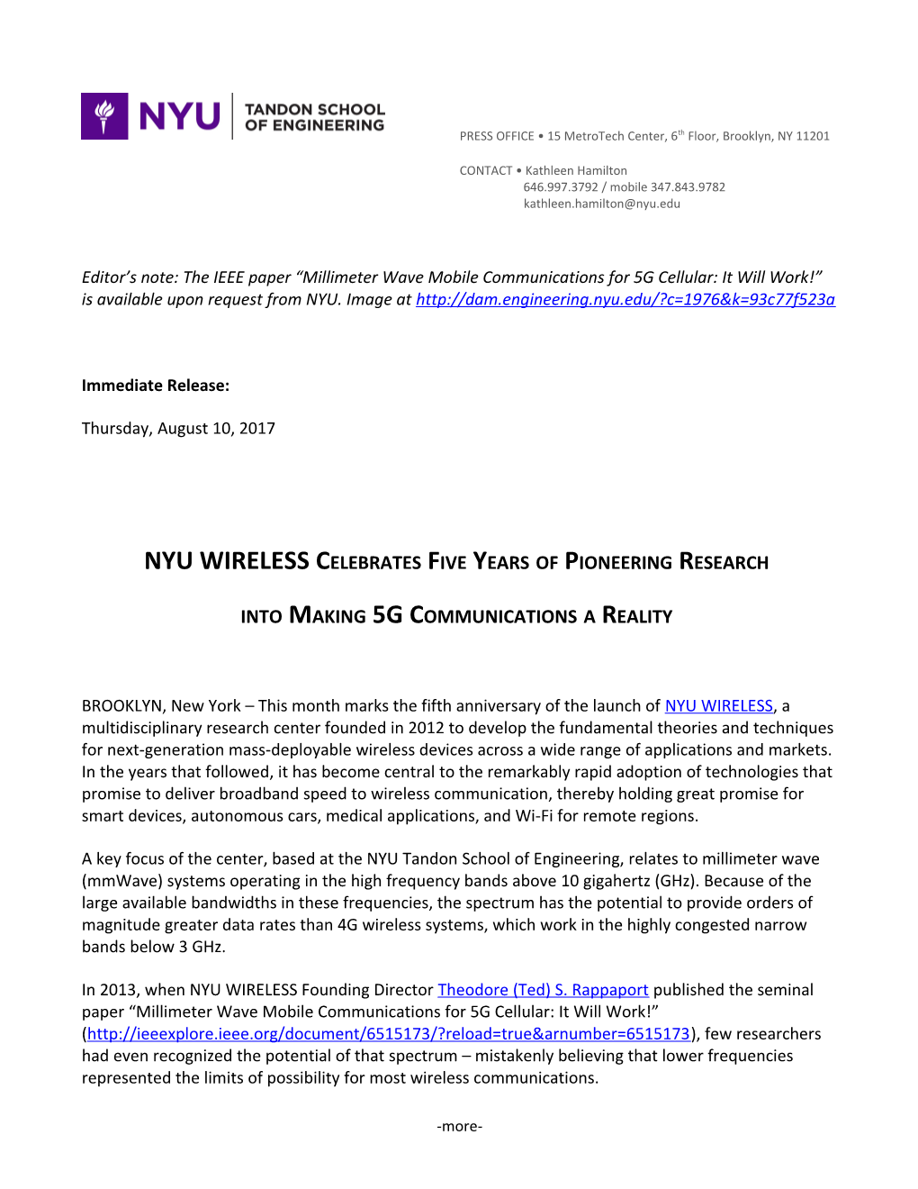 NYU WIRELESS Celebrates Five Years of Pioneering Research