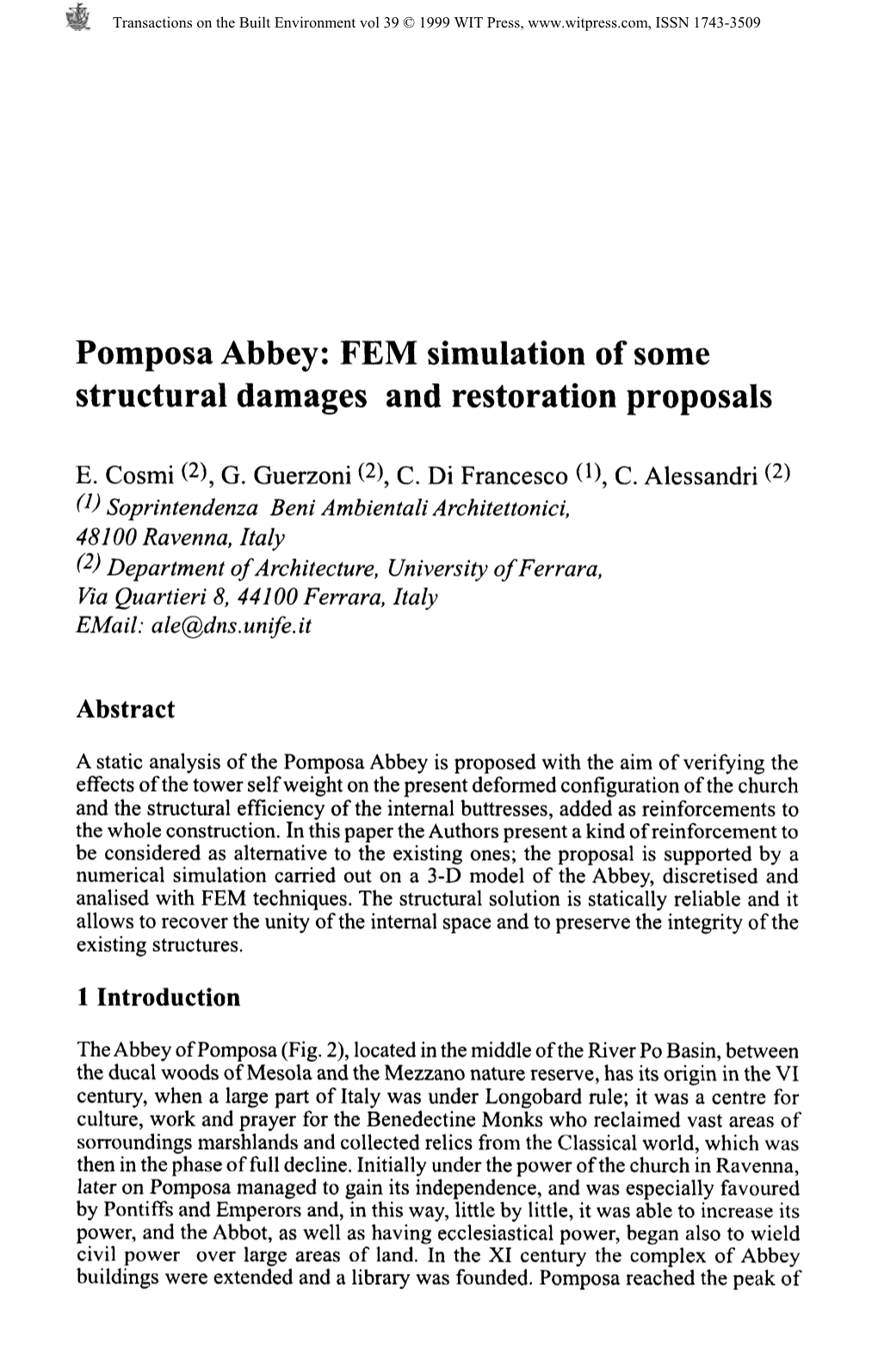 Pomposa Abbey: FEM Simulation of Some Structural Damages and Restoration Proposals