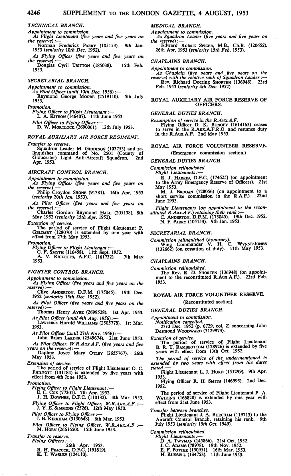 4246 Supplement to the London Gazette, 4 August, 1953