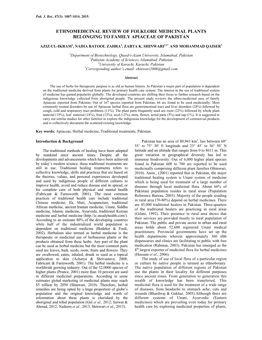 Ethnomedicinal Review of Folklore Medicinal Plants Belonging to Family Apiaceae of Pakistan