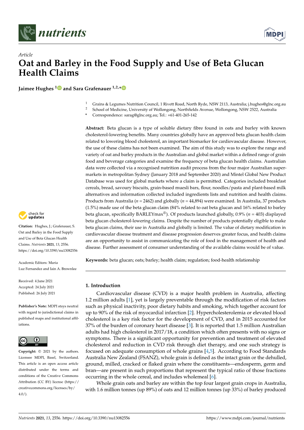 Oat and Barley in the Food Supply and Use of Beta Glucan Health Claims