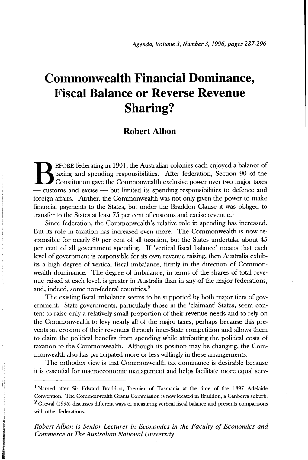 Commonwealth Financial Dominance, Fiscal Balance Or Reverse Revenue Sharing?