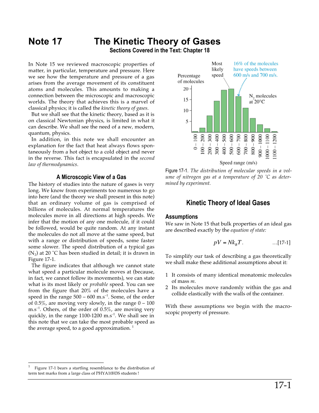 17-1 Note 17 the Kinetic Theory of Gases