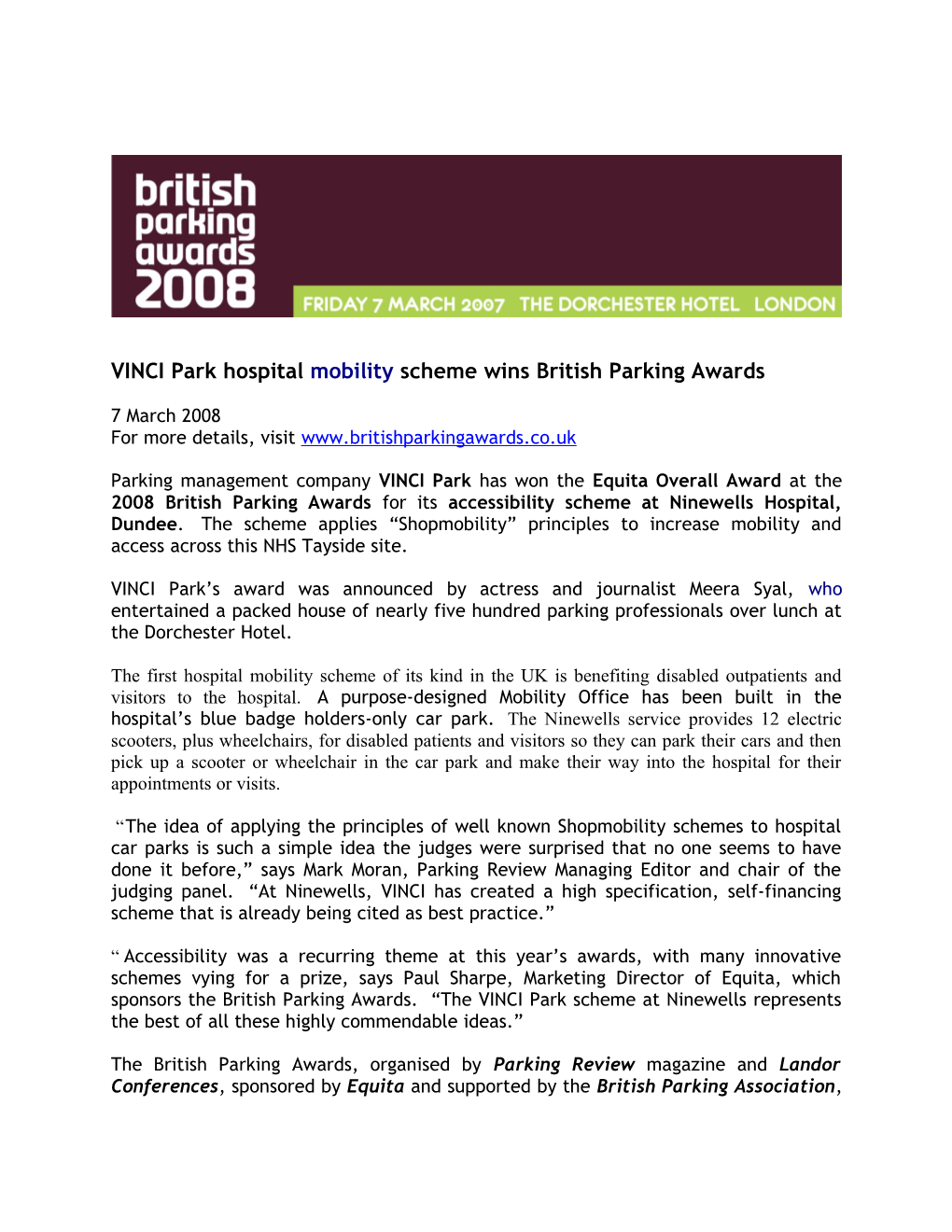 VINCI Park Hospital Mobility Scheme Wins British Parking Awards