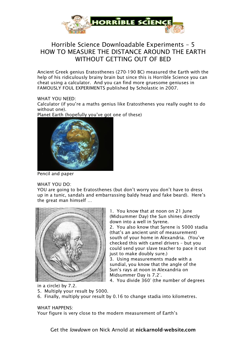 Horrible Science Downloadable Experiments – 5 HOW to MEASURE the DISTANCE AROUND the EARTH WITHOUT GETTING out of BED