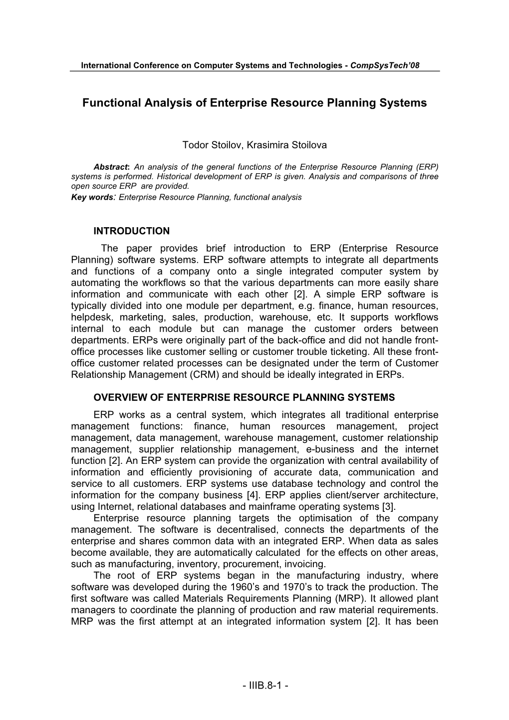 Functional Analysis of Enterprise Resource Planning Systems