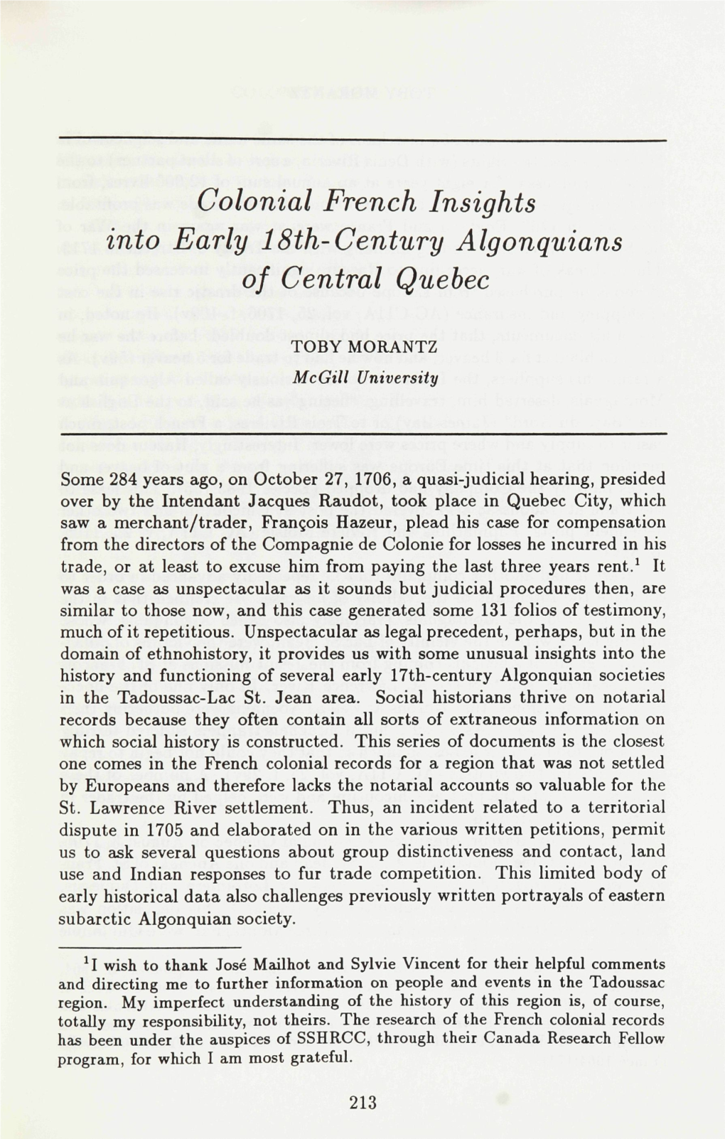 Colonial French Insights Into Early 18Th-Century Algonquians of Central Quebec